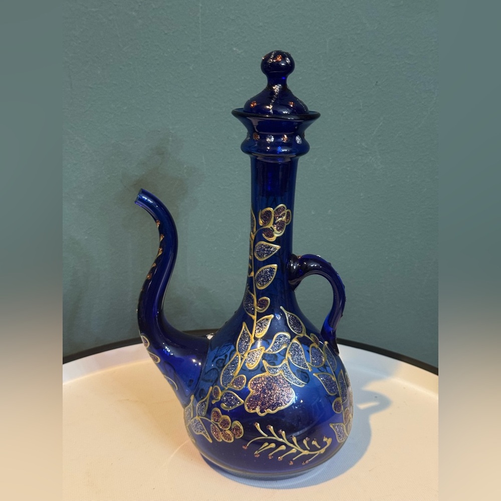 Vintage Stunning Handblown Cobalt Blue Glass Hand Painted Rosewater Ewer Pitcher